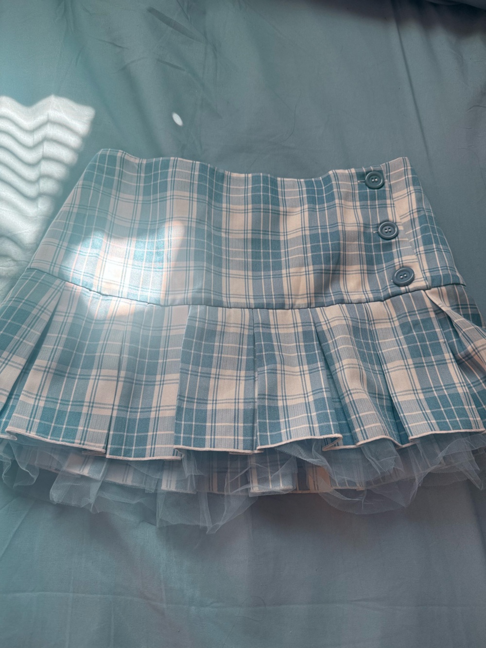 Iris Low Rise Blue Plaid Pleated Mini Skirt layered with Tulle- Size M/L
